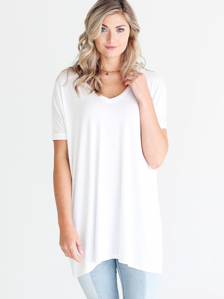 White V-Neck Short Sleeve Tunic