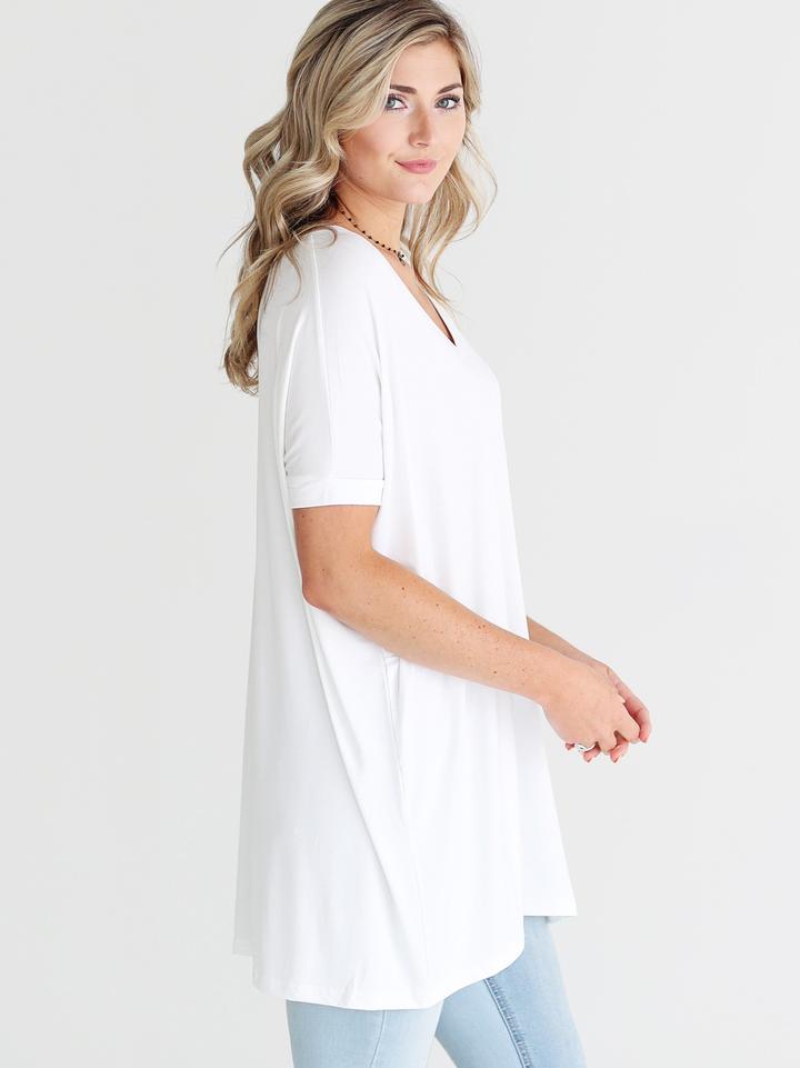 White V-Neck Short Sleeve Tunic